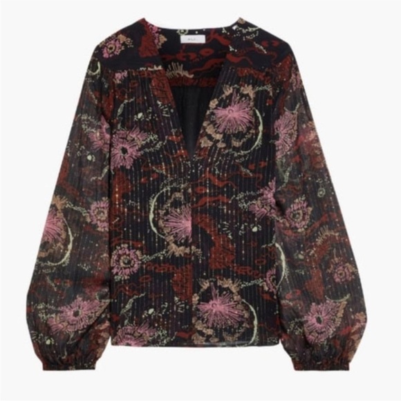 A.L.C. Silk Mac Tunic Top Brown Sheer Floral Print Balloon Sleeve Size 8 - Picture 2 of 15